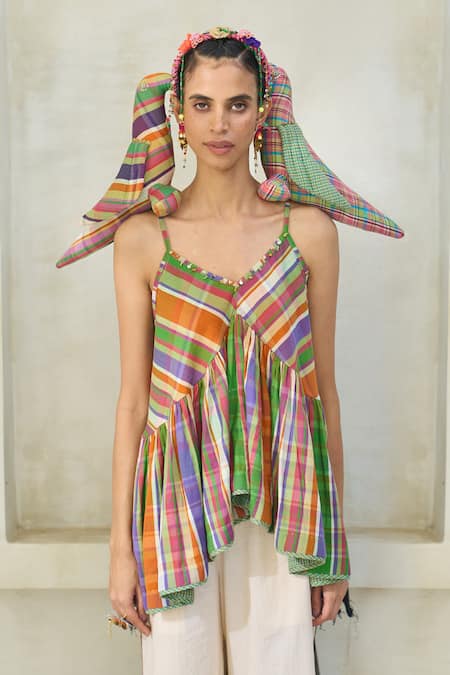 Shop_Swatti Kapoor_Multi Color Cotton Tassels, Pom-poms V-neck Gigi Checkered Top 