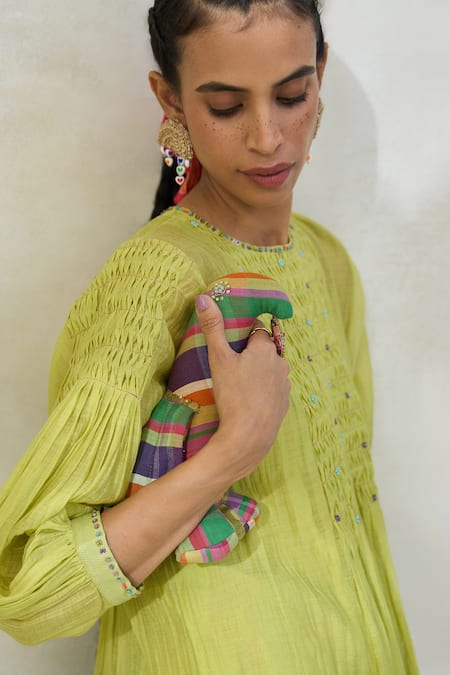 Buy Swatti Kapoor Green Chanderi, Cotton Beads, Tassels Round Neck Ollie Pintuck Kurta With Slip Online at Aza Fashions Buy_Swatti Kapoor_Green Chanderi, Cotton Beads, Tassels Round Neck Ollie Pintuck Kurta With Slip _Online_at_Aza_Fashions