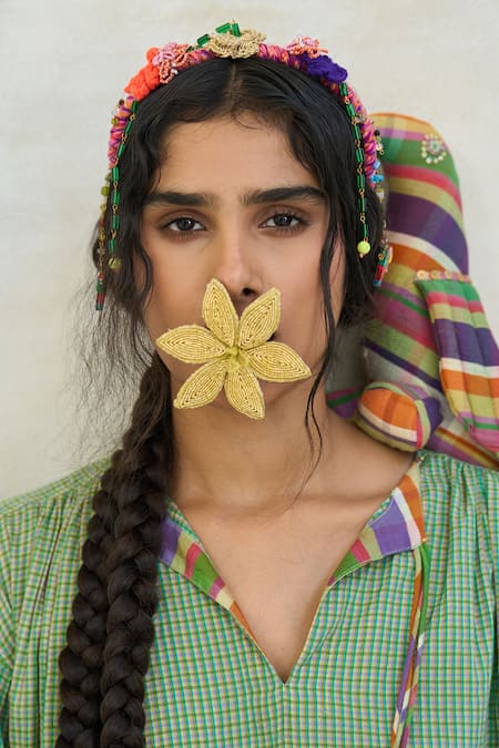 Shop Swatti Kapoor Green Handloom Cotton Beads, Tassels V-neck Mili Checkered Tunic Online at Aza Fashions Shop_Swatti Kapoor_Green Handloom Cotton Beads, Tassels V-neck Mili Checkered Tunic _Online_at_Aza_Fashions