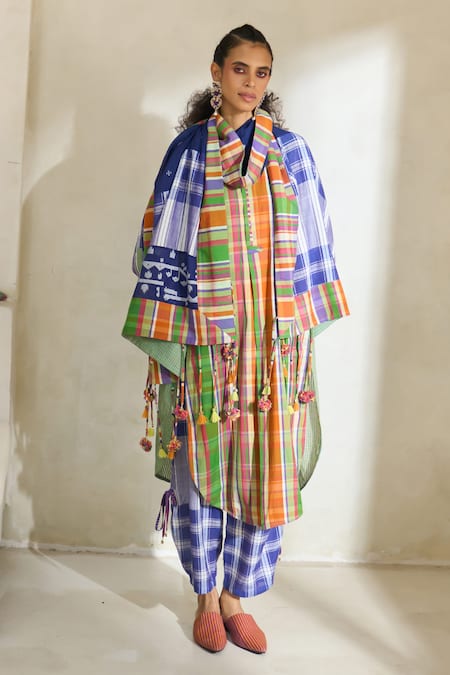 Buy_Swatti Kapoor_Multi Color Cotton Patchwork Round Neck Kim Checkered Kurta _Online_at_Aza_Fashions