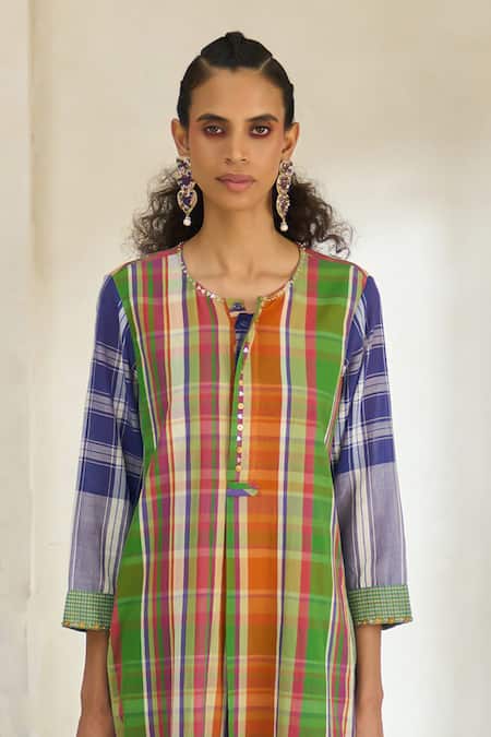 Shop_Swatti Kapoor_Multi Color Cotton Patchwork Round Neck Kim Checkered Kurta _Online_at_Aza_Fashions