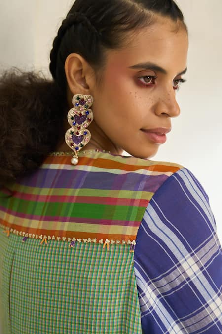 Shop_Swatti Kapoor_Multi Color Cotton Patchwork Round Neck Kim Checkered Kurta 