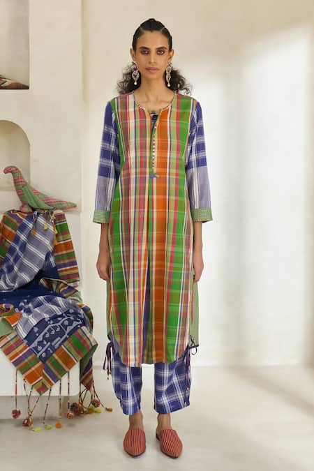 Buy Swatti Kapoor Multi Color Cotton Tassels Round Neck Kim Checkered Kurta Pant Set Online at Aza Fashions Buy_Swatti Kapoor_Multi Color Cotton Tassels Round Neck Kim Checkered Kurta Pant Set _Online_at_Aza_Fashions