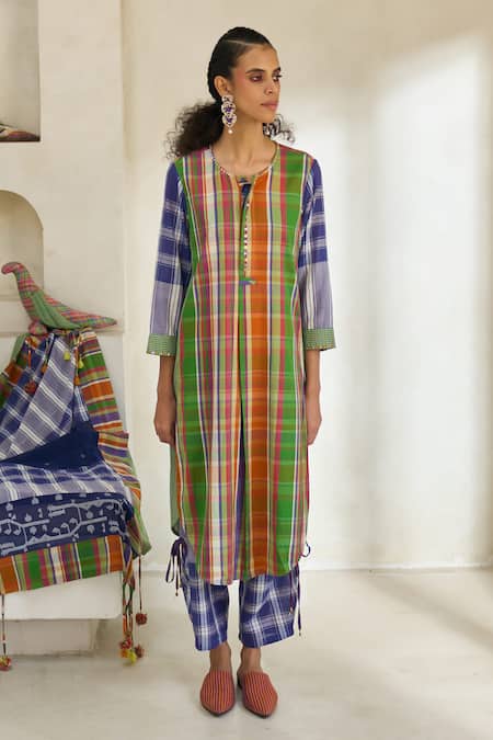 Shop Swatti Kapoor Multi Color Cotton Tassels Round Neck Kim Checkered Kurta Pant Set Online at Aza Fashions Shop_Swatti Kapoor_Multi Color Cotton Tassels Round Neck Kim Checkered Kurta Pant Set _Online_at_Aza_Fashions