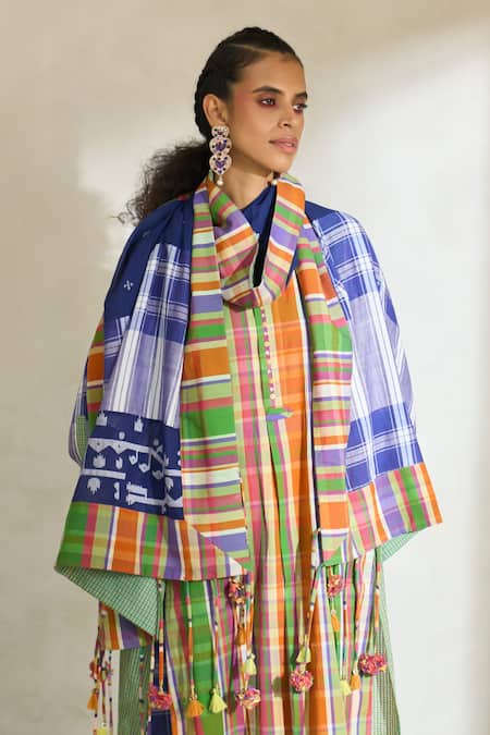 Swatti Kapoor Multi Color Cotton Tassels Round Neck Kim Checkered Kurta Pant Set at Aza Fashions Swatti Kapoor_Multi Color Cotton Tassels Round Neck Kim Checkered Kurta Pant Set _at_Aza_Fashions