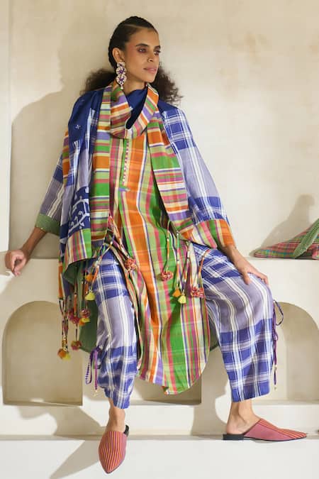 Buy Swatti Kapoor Multi Color Cotton Tassels Round Neck Kim Checkered Kurta Pant Set Buy_Swatti Kapoor_Multi Color Cotton Tassels Round Neck Kim Checkered Kurta Pant Set