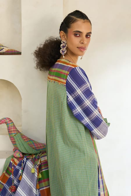 Shop Swatti Kapoor Multi Color Cotton Tassels Round Neck Kim Checkered Kurta Pant Set Shop_Swatti Kapoor_Multi Color Cotton Tassels Round Neck Kim Checkered Kurta Pant Set