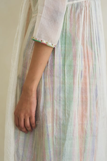 Buy Swatti Kapoor White Silk, Cotton Beads V-neck Minty Checkered Kurta Pant Set Online at Aza Fashions Buy_Swatti Kapoor_White Silk, Cotton Beads V-neck Minty Checkered Kurta Pant Set _Online_at_Aza_Fashions