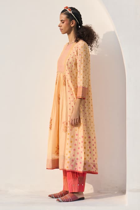 Shop Swatti Kapoor Pink Chanderi, Cotton Embroidery, Beads, Fringe, Mira Handwoven Kurta Pant Set Online at Aza Fashions Shop_Swatti Kapoor_Pink Chanderi, Cotton Embroidery, Beads, Fringe, Mira Handwoven Kurta Pant Set _Online_at_Aza_Fashions