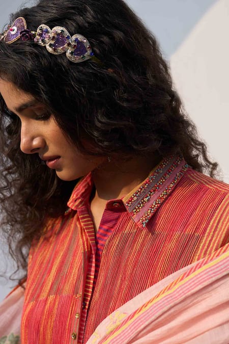 Swatti Kapoor Pink Chanderi, Cotton Embroidery Collared Sia Handwoven Kurta With Slip Online at Aza Fashions Swatti Kapoor_Pink Chanderi, Cotton Embroidery Collared Sia Handwoven Kurta With Slip _Online_at_Aza_Fashions