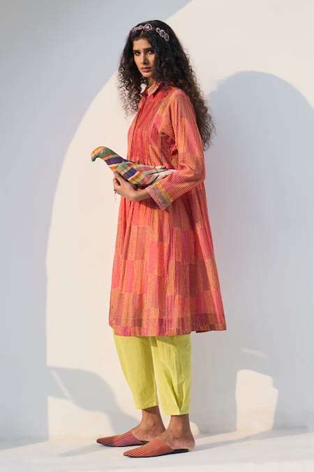 Buy Swatti Kapoor Coral Chanderi, Cotton Embroidery, Tassels Collared Sia Handwoven Kurta Pant Set Online at Aza Fashions Buy_Swatti Kapoor_Coral Chanderi, Cotton Embroidery, Tassels Collared Sia Handwoven Kurta Pant Set _Online_at_Aza_Fashions