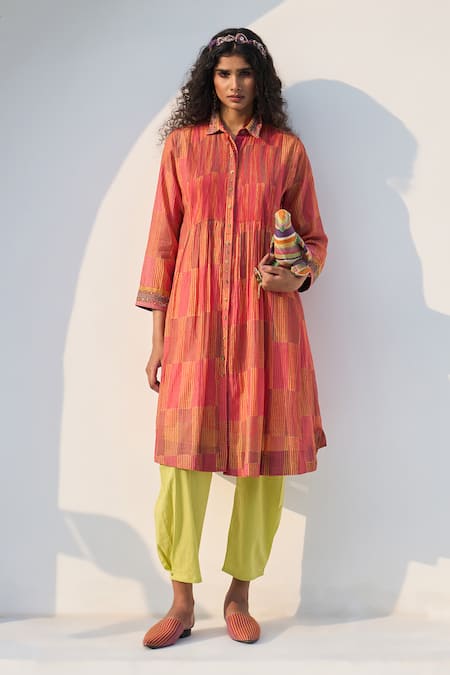 Shop Swatti Kapoor Coral Chanderi, Cotton Embroidery, Tassels Collared Sia Handwoven Kurta Pant Set Online at Aza Fashions Shop_Swatti Kapoor_Coral Chanderi, Cotton Embroidery, Tassels Collared Sia Handwoven Kurta Pant Set _Online_at_Aza_Fashions