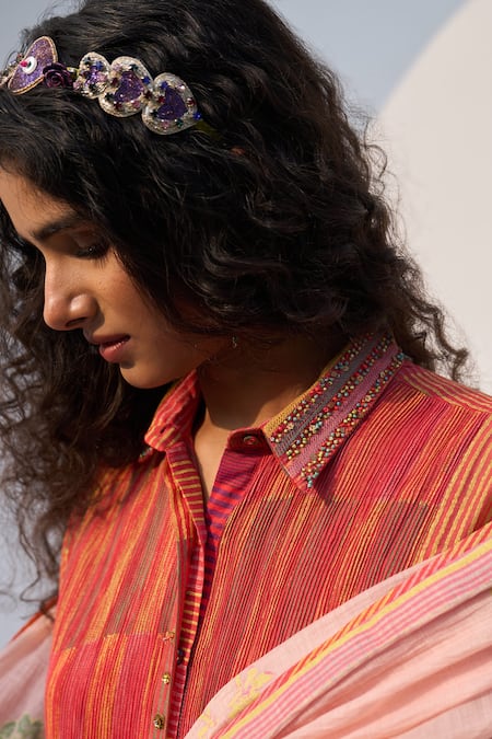 Buy Swatti Kapoor Coral Chanderi, Cotton Embroidery, Tassels Collared Sia Handwoven Kurta Pant Set Buy_Swatti Kapoor_Coral Chanderi, Cotton Embroidery, Tassels Collared Sia Handwoven Kurta Pant Set