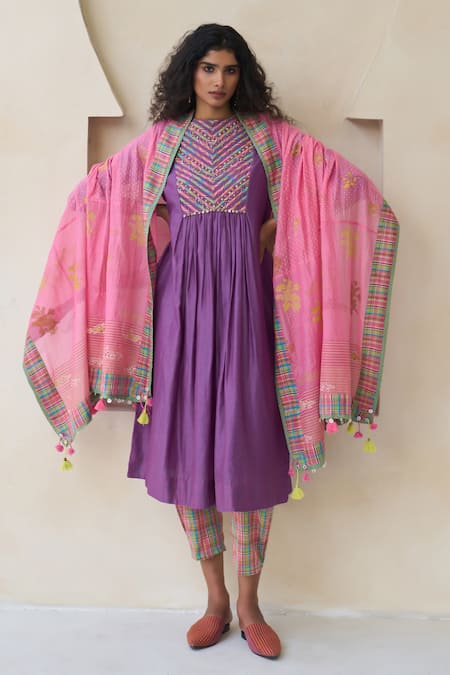 Shop Swatti Kapoor Purple Chanderi, Cotton Beads, Piping, Fringe Kathy Handwoven Kurta With Slip Online at Aza Fashions Shop_Swatti Kapoor_Purple Chanderi, Cotton Beads, Piping, Fringe Kathy Handwoven Kurta With Slip _Online_at_Aza_Fashions
