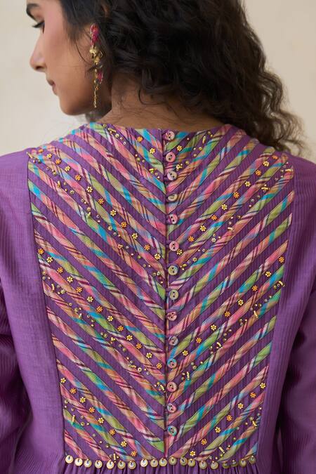 Buy Swatti Kapoor Purple Chanderi, Cotton Beads, Piping, Fringe Kathy Handwoven Kurta With Slip Buy_Swatti Kapoor_Purple Chanderi, Cotton Beads, Piping, Fringe Kathy Handwoven Kurta With Slip