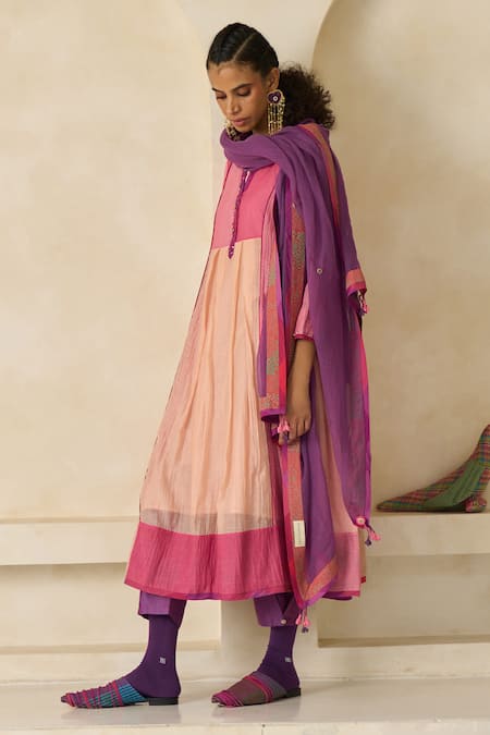 Shop Swatti Kapoor Pink Chanderi, Cotton Embroidery, Beads, Piping Mandarin Sky Handwoven Kurta Online at Aza Fashions Shop_Swatti Kapoor_Pink Chanderi, Cotton Embroidery, Beads, Piping Mandarin Sky Handwoven Kurta _Online_at_Aza_Fashions