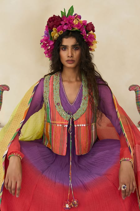 Swatti Kapoor Sage Striped & Checkered Gilet 