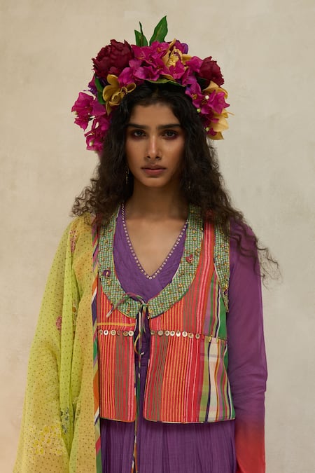 Buy_Swatti Kapoor_Multi Color Cotton, Chanderi Beads, Tassels, Sage Striped And Checkered Gilet _Online_at_Aza_Fashions