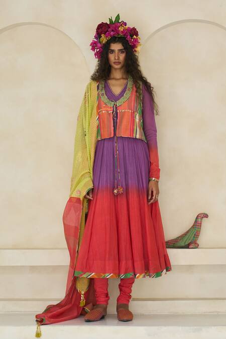 Shop_Swatti Kapoor_Multi Color Cotton, Chanderi Beads, Tassels, Sage Striped And Checkered Gilet _Online_at_Aza_Fashions