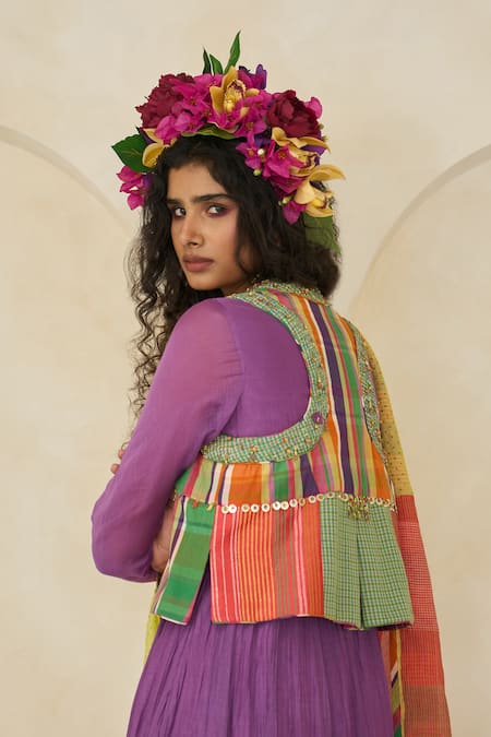 Buy_Swatti Kapoor_Multi Color Cotton, Chanderi Beads, Tassels, Sage Striped And Checkered Gilet 