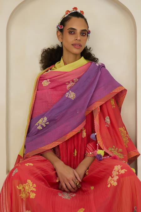 Swatti Kapoor Coral Chanderi, Cotton Beads, Tassels Kiara Pintucked Handwoven Kurta Pant Set at Aza Fashions Swatti Kapoor_Coral Chanderi, Cotton Beads, Tassels Kiara Pintucked Handwoven Kurta Pant Set _at_Aza_Fashions