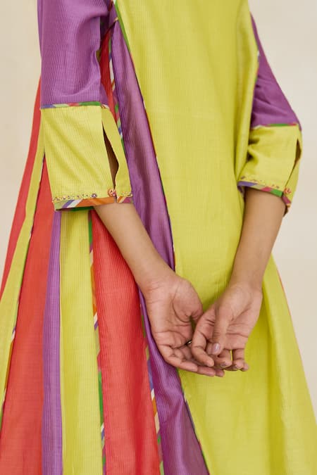 Swatti Kapoor_Multi Color Chanderi, Cotton Embroidery, Beads Keyhole Neck Amy Striped Kurta _Online_at_Aza_Fashions