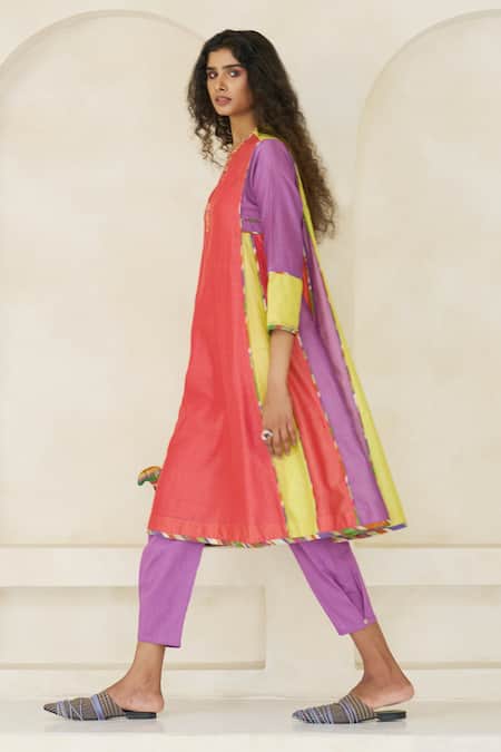 Shop_Swatti Kapoor_Multi Color Cotton, Chanderi Embroidery, Beads, Amy Striped Kurta Pant Set _Online_at_Aza_Fashions