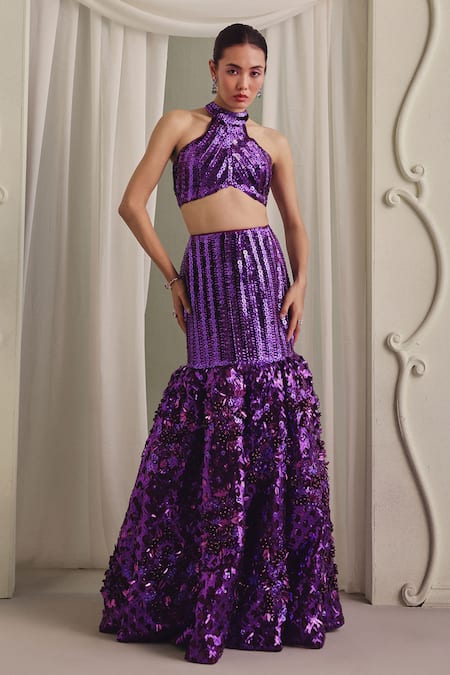 Payal & Zinal Embellished Halter Sequin Net Blouse & Skirt Set 