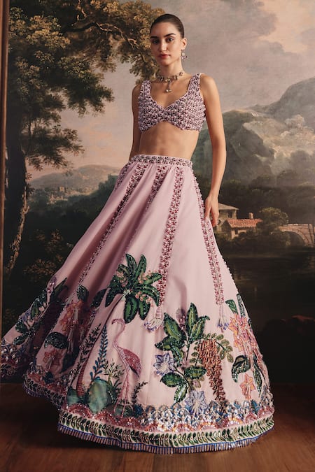 Payal & Zinal Hand-Embroidered Tropical Gaji Silk Lehenga & Blouse Set 