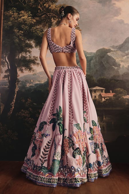 Payal & Zinal Hand-Embroidered Tropical Gaji Silk Lehenga & Blouse Set 