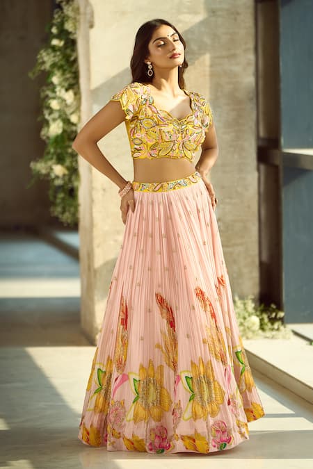 Shop Samyukta Singhania Peach Silk, Viscose Embroidery, Sequins, Beads Floral Pattern Lehenga Set Online at Aza Fashions Shop_Samyukta Singhania_Peach Silk, Viscose Embroidery, Sequins, Beads Floral Pattern Lehenga Set _Online_at_Aza_Fashions