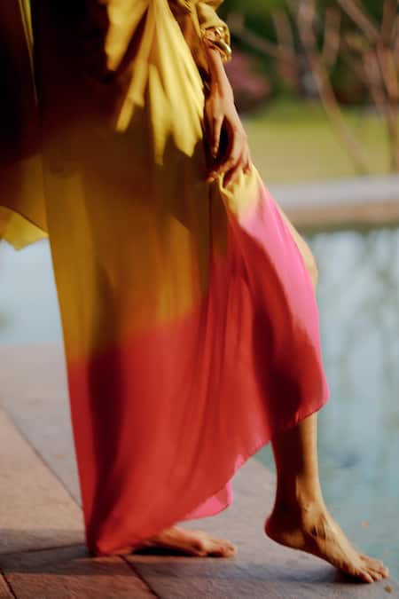 Buy Ituvana Green Silk Applique V-neck Shaya Dip-dye Sarong Dress Online at Aza Fashions Buy_Ituvana_Green Silk Applique V-neck Shaya Dip-dye Sarong Dress _Online_at_Aza_Fashions