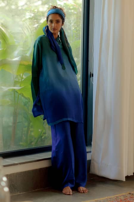 Ituvana Nira Ocean Habutai Silk Kurta & Palazzo Set 