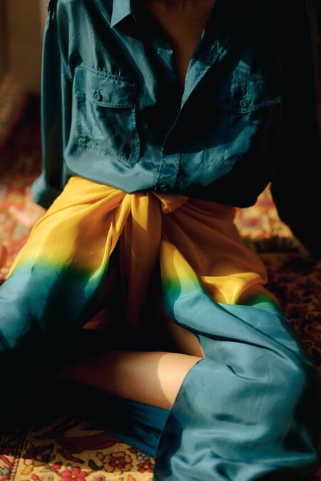 Ituvana_Green Silk Collared Sena Shirt _Online_at_Aza_Fashions