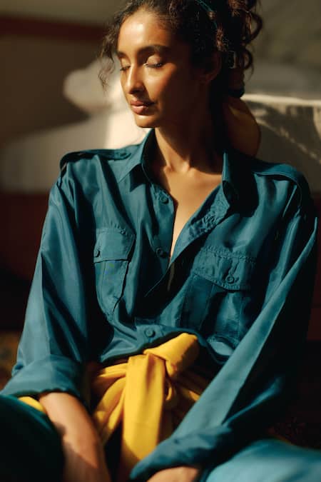 Buy_Ituvana_Green Silk Collared Sena Shirt _Online_at_Aza_Fashions