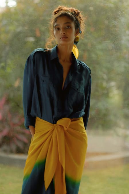 Shop_Ituvana_Green Silk Collared Sena Shirt _Online_at_Aza_Fashions