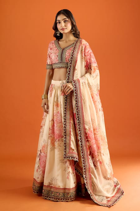 Shop_Naintara Bajaj_Cream Silk Zari V-neck Floral Pattern Art Lehenga Set _Online_at_Aza_Fashions