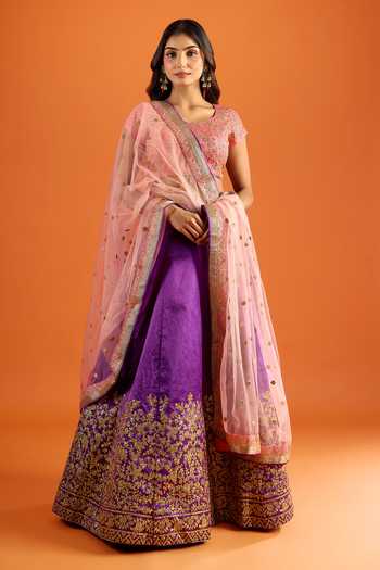 Buy_Khwaab By Sanjana Lakhani_Pink Silk Embroidery, Sequins, Mulberry Lehenga Set With Blouse And Dupatta _Online_at_Aza_Fashions