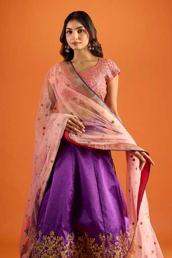 Shop_Khwaab By Sanjana Lakhani_Pink Silk Embroidery, Sequins, Mulberry Lehenga Set With Blouse And Dupatta _Online_at_Aza_Fashions