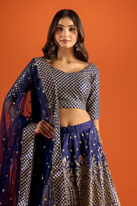 Buy_Naintara Bajaj_Blue Silk Zari Sweetheart Neck Embroidered Lehenga Set _Online_at_Aza_Fashions