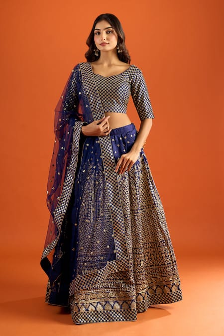 Shop_Naintara Bajaj_Blue Silk Zari Sweetheart Neck Embroidered Lehenga Set _Online_at_Aza_Fashions