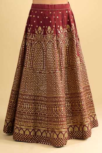 Buy_Khwaab By Sanjana Lakhani_Maroon Silk Zari V-neck Raw Lehenga Set With Blouse And Dupatta _Online_at_Aza_Fashions