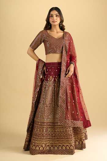 Shop_Khwaab By Sanjana Lakhani_Maroon Silk Zari V-neck Raw Lehenga Set With Blouse And Dupatta _Online_at_Aza_Fashions
