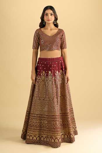 Khwaab By Sanjana Lakhani_Maroon Silk Zari V-neck Raw Lehenga Set With Blouse And Dupatta _at_Aza_Fashions