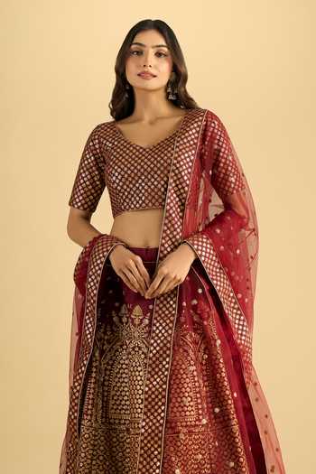 Buy_Khwaab By Sanjana Lakhani_Maroon Silk Zari V-neck Raw Lehenga Set With Blouse And Dupatta 