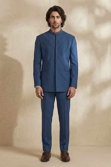 Shop_Bubber Couture_Blue Wool Embroidery Prism Pintuck Bandhgala Set 