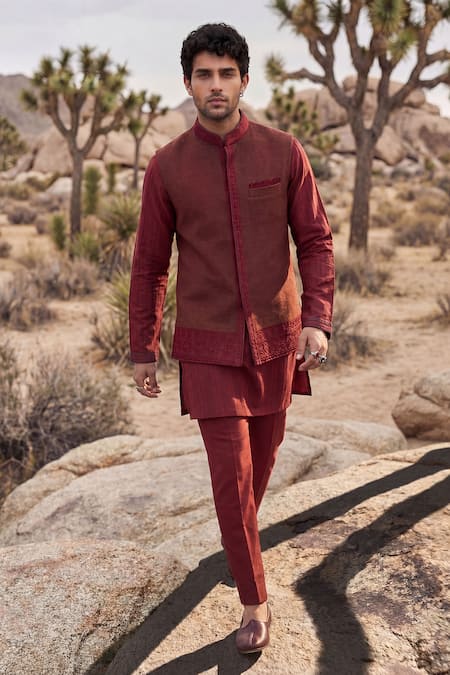 Buy_Bubber Couture_Maroon Silk Embroidery Celtic Bundi _Online_at_Aza_Fashions