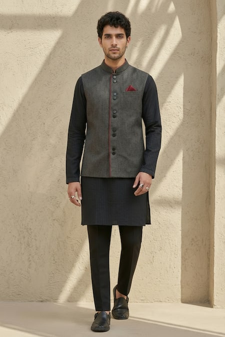 Bubber Couture_Black Silk, Cotton Embroidery Linear Diamond Pattern Bundi _Online_at_Aza_Fashions