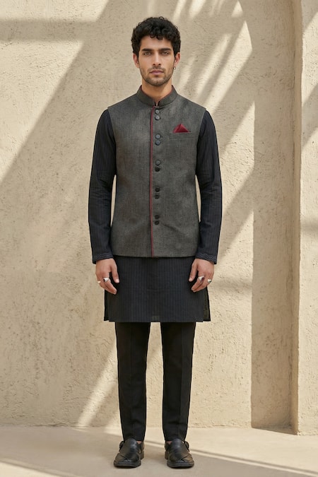 Shop_Bubber Couture_Black Silk, Cotton Embroidery Linear Diamond Pattern Bundi _Online_at_Aza_Fashions