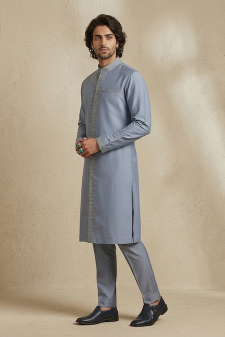 Bubber Couture_Grey Silk, Cotton Embroidery Iron Gate Layered Kurta Set _Online_at_Aza_Fashions